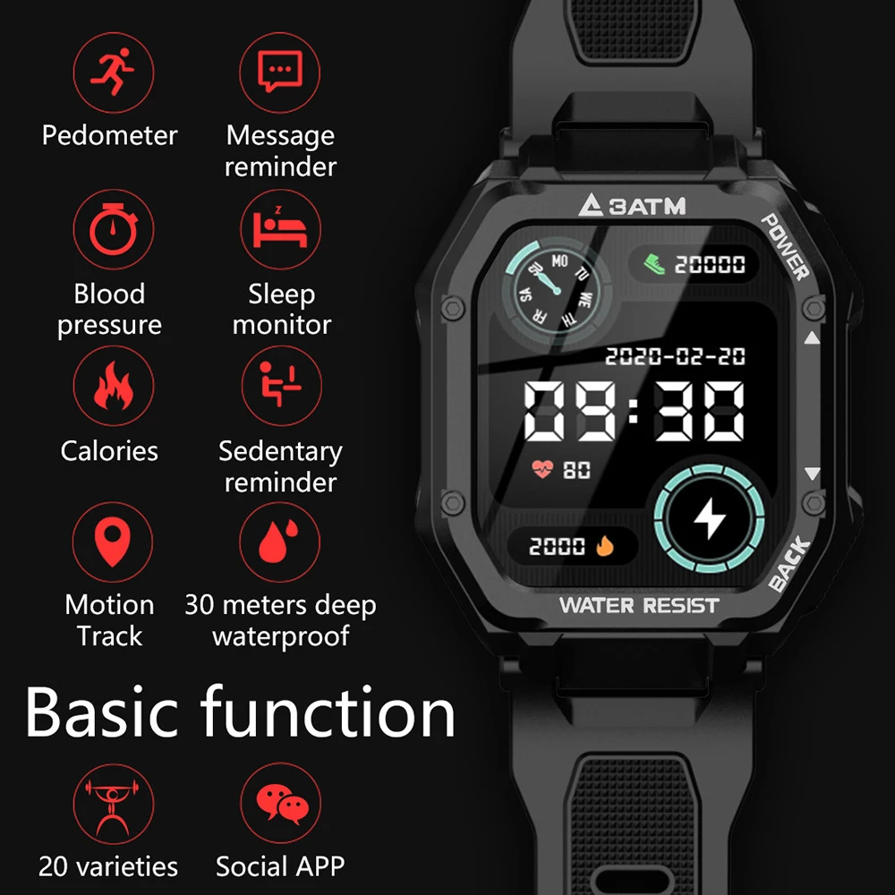 

C16 Smart Sport Watch 20 Sport Modes 3ATM Waterproof 350mAH Battery BT 5.0 Fitness Tracker Watch For Android IOS