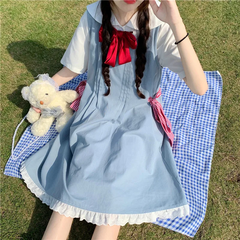 

Japanese Summer New Girl Lolita Dress Sweet Cute Red Bow Sleeveless Lace Stitching Princess Dresses Kawaii Midi Harajuku Dresses