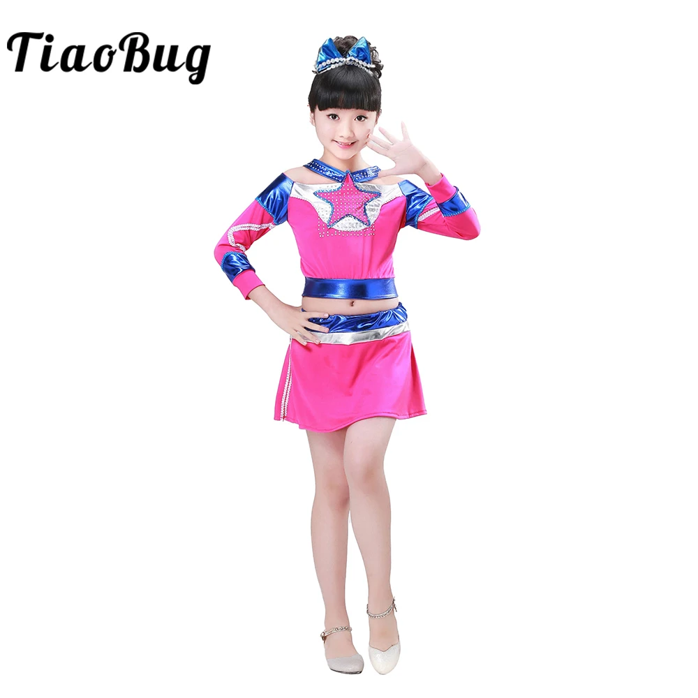 

Kids Girls Jazz Dance Performance Costumes Outfit Long Sleeve Star Diamond Top Skirt Set Children Girls Cheereader Dress Suits