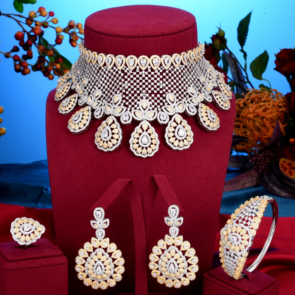 vender Conjuntos De Jóias De Luxo Princesa Coroa Flor Gargantilha Jóias Para Casamento Feminino Africano Zircon Cúbico Cz Dubai Nupcial Jóias