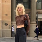 Женский однотонный коричневый трикотажный топ Y2K с длинным рукавом, футболки в стиле Харадзюку, кардиганы на пуговицах, облегающая трикотажная футболка, Женский Осенний Топ