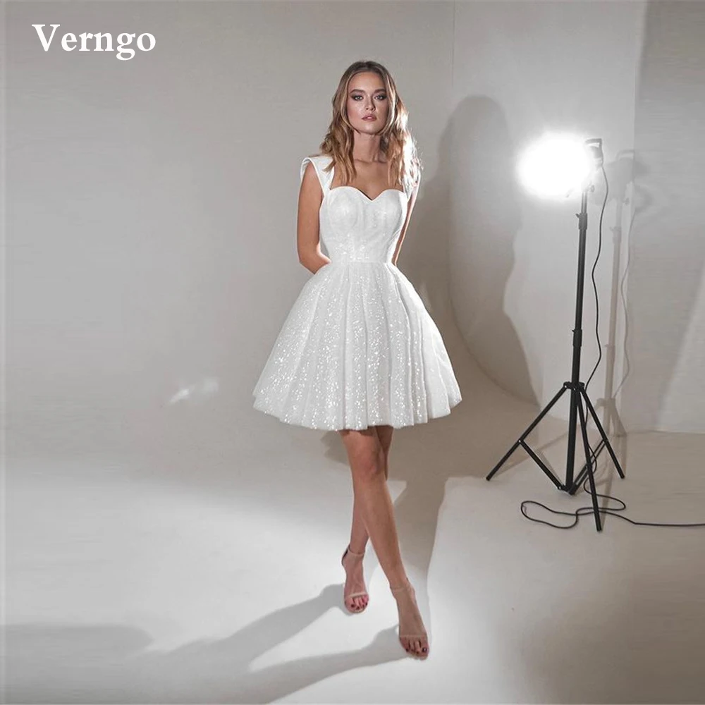 

Verngo Glitter Short Wedding Dresses A Line Cap Sleeves Sweetheart Mini Party Bride Gowns Sexy Robe de mariage Custom Made