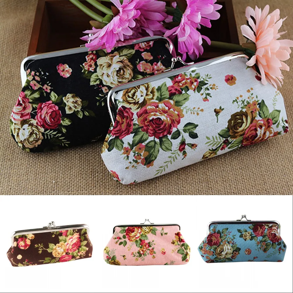 

Women With Clasp Rose Printed Portable Cards Mobile Phone Long Keys Gift Fashion Travel Coin Purse