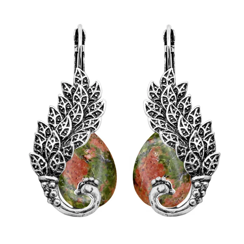 

Vintage Peacock Natural Rose Quartz Lapis Earrings For Women Antique Silver Plated Natural Stone Animal Fashion Earring