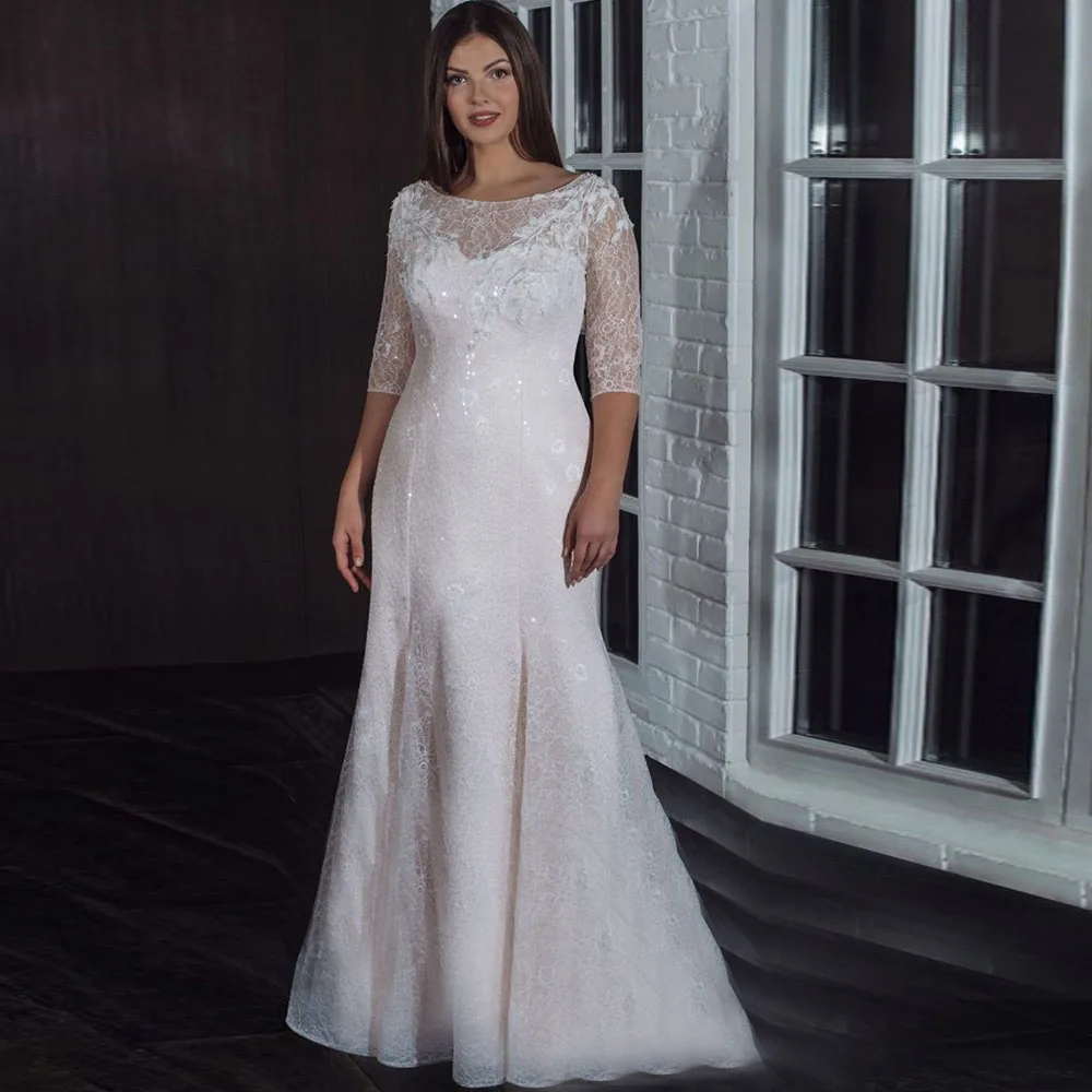 

Exquisite Mermaid Wedding Dresses Half Sleeve Court Train Elegant Scoop Tulle Appliques Lace Plus Size Bridal Gowns Custom Made