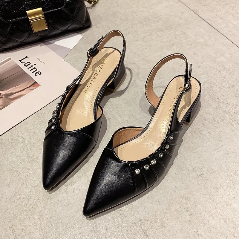 

Spring and summer new pointed thick heel sandals with one word buckle Baotou high-heeled rhinestone mid-heel women's shoes X881