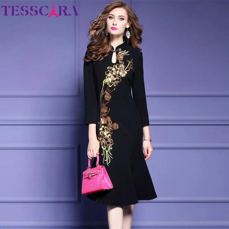 Женское платье с блестками TESSCARA винтажное коктейльное в стиле ретро для осени и