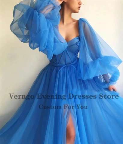Verngo Elegant A Line Blue Tulle Long Prom Dresses Puff Sleeves Sweetheart Applique Side Slit Lace Up Evening Gowns Custom Made