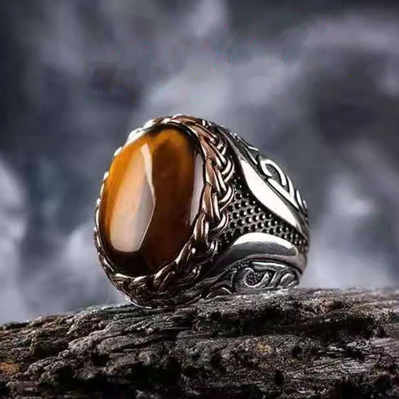 

Vintage Brown Tiger Eye Stone Ring For Men Women Turkish Handmade Spiral Engraved Statement Ring Retro Women Wedding Band Gifts