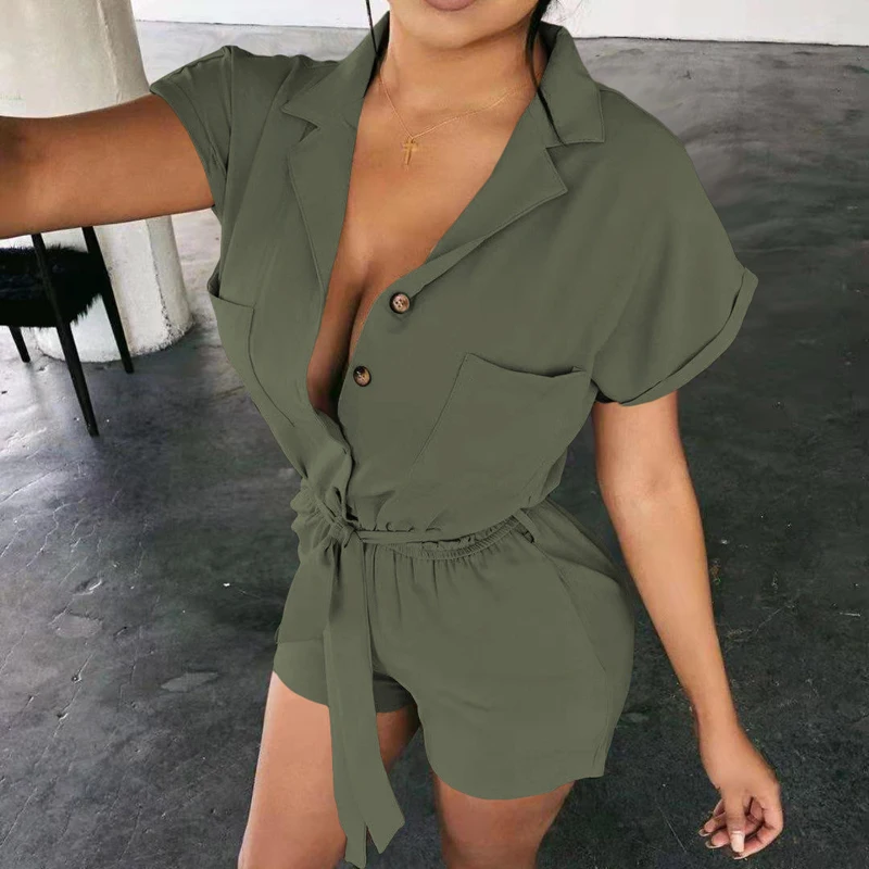 

Elegant Tie-Up Belted Solid Playsuit Casual Button Women Shorts Rompers 2021 Spring Summer Short Sleeve Beach Overalls Jumpsuit