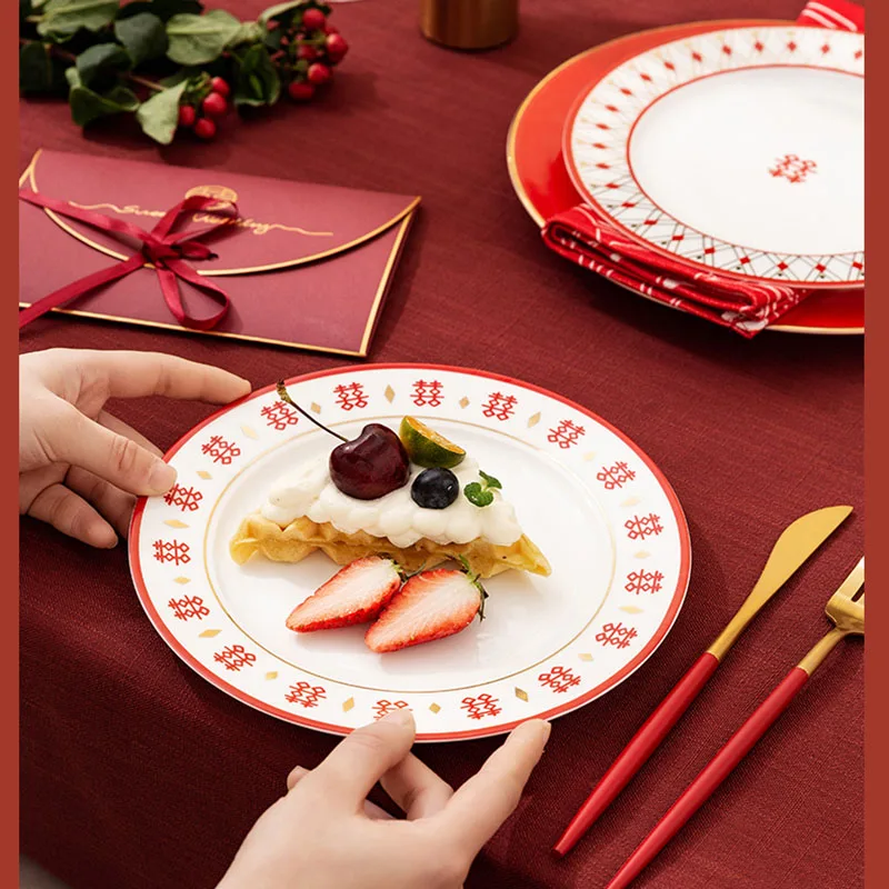 

Modern Red Plate Modern Vintage Plates Tableware For Wedding Dessert Tray Western Dishes Platos Vajilla Посуда Тень и Кость