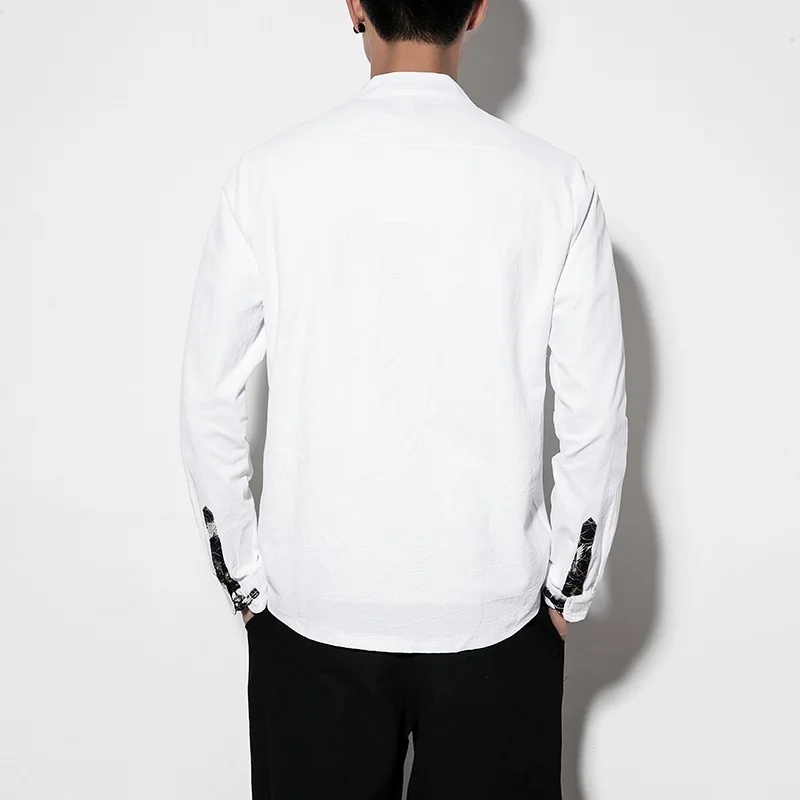 

New Chinese Style Mens Tops Tang Suit Linen Long Sleeve Solid Traditional Kung Fu China Hanfu Shirt Plus Size M-5Xl
