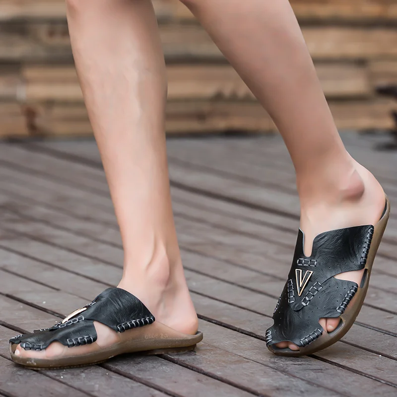 

Genuine leather Men Slippers Men Summer Shoes Unisex Male Beach Sandals Fashion Home Slippers Non-slip Floor Flip Flops