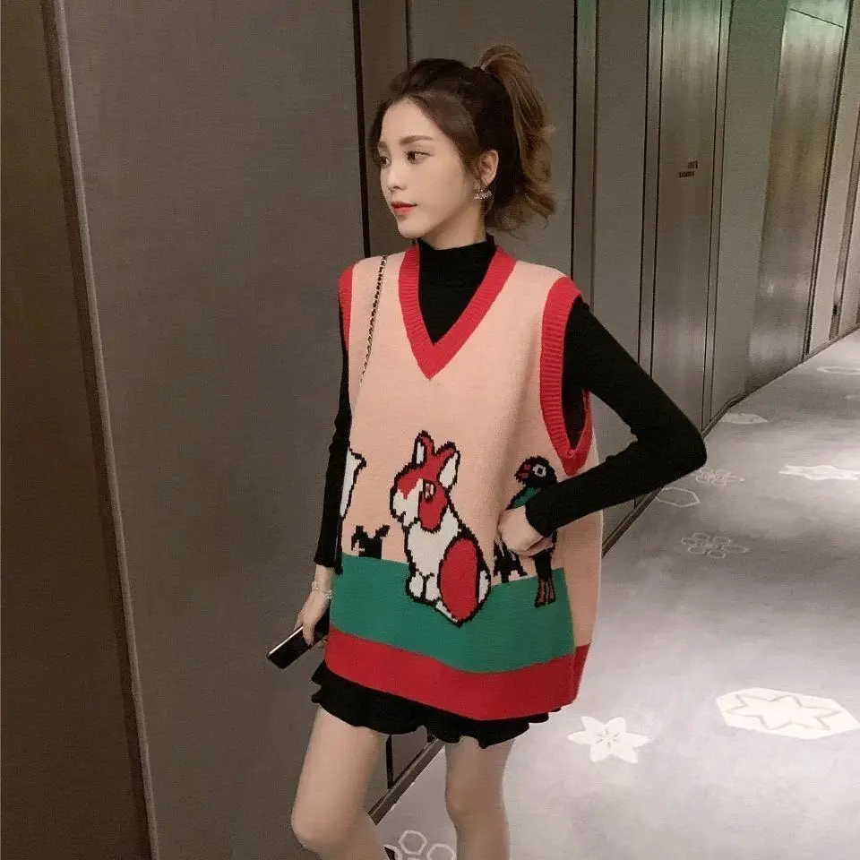 

USA Cartoon Leisure Spring Fall V-neck Knit Sleeveless Sweater Easy Vest Loose Out Coat Lady Top Cloth for Women Girl Waistcoat