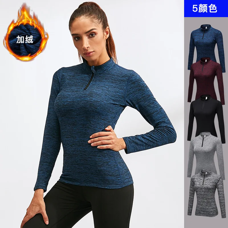 

New winter lady with fleece fitness running yoga suit long sleeve stretch tights stand collar sport hoodie warm coat clothes