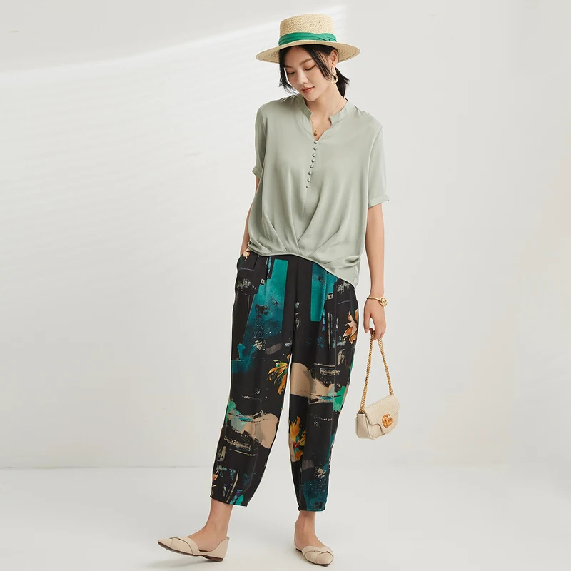 [New product] Jinju spring and summer new elastic waist printed silk and silk women's casual radish pants