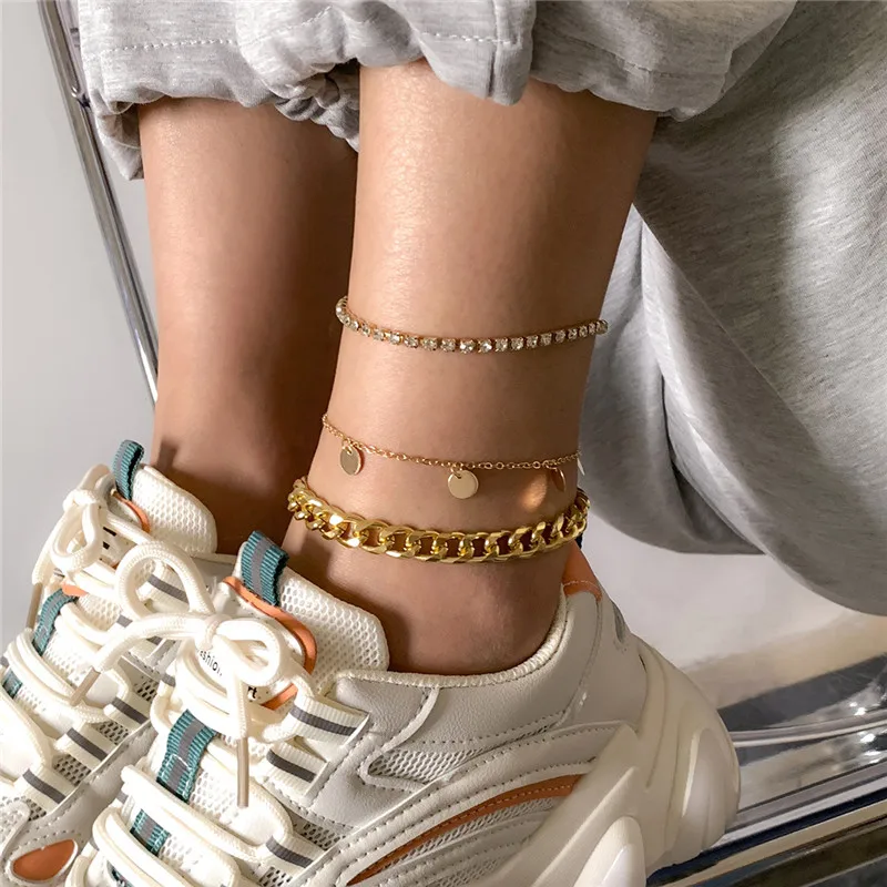 

Jewelry Simple Metal Sequin Hollow Chain Anklet Street Shot Micro-inlaid Rhinestone Claw Chain Set Foot Ornaments