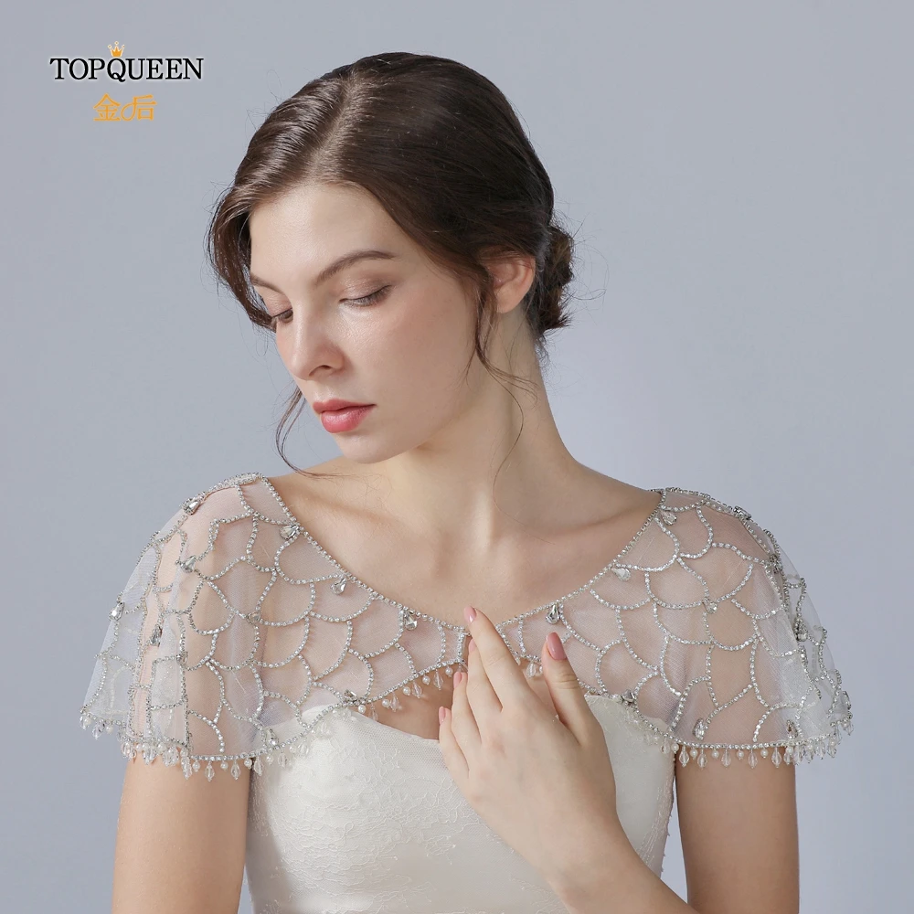 TOPQUEEN G10 блестящая Свадебная накидка с бисером кружевная шаль болеро