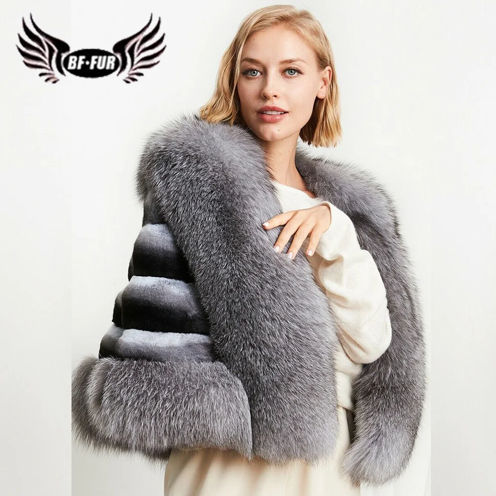 Enlarge 2022 Winter Elegant Women Real Chinchilla Rex Rabbit Fur Banquet Shawl Warm Thick Cape With Natural Fox Fur Womens Winter Coats