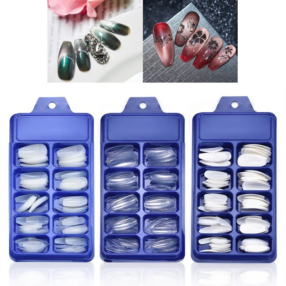 

100pcs/box Professional Fake Nails Long Ballerina Half French Acrylic Nail Tips 10 Size Press On Nails Girl Woman Manicure Tools