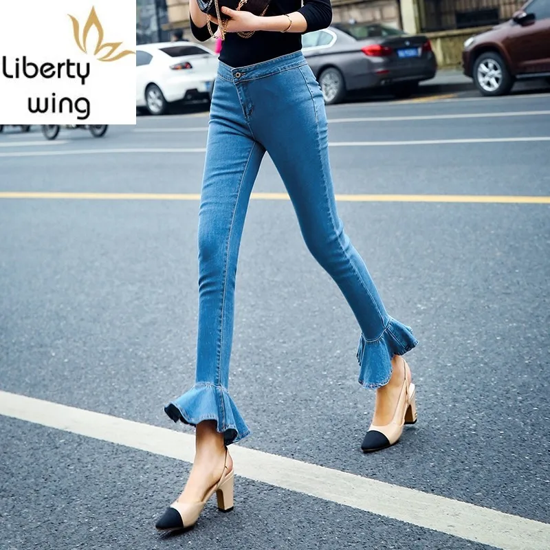 Autumn Winter Women Fashion Ruffles Flared Boot Cut Bell Bottom Jeans Female Trousers Cute Flare Slim Denim Pants