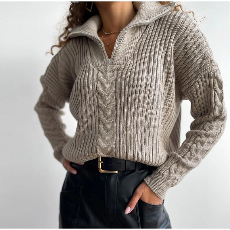 

Женский свитер с воротником-поло, зеленая вязаная водолазка с воротником-поло на молнии, джемпер, модные свитера, пуловеры для осени и зимы