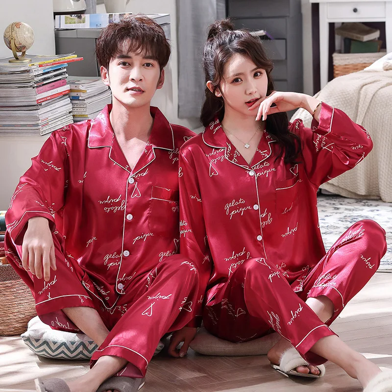 

Long Sleeve Couple Sleepwear Satin 2PCS Pajamas Suit With Trousers Printed Home Clothes Nightwear Shirt&Pants Sets Women Outfits