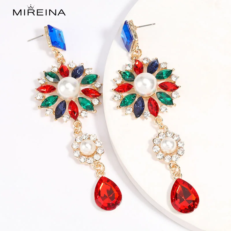 

MIREINA Color Zircon Series Inlay Half Simulated Pearl Earrings Flower Design Drop-Shaped Square Acrylic Woman's Jewelry