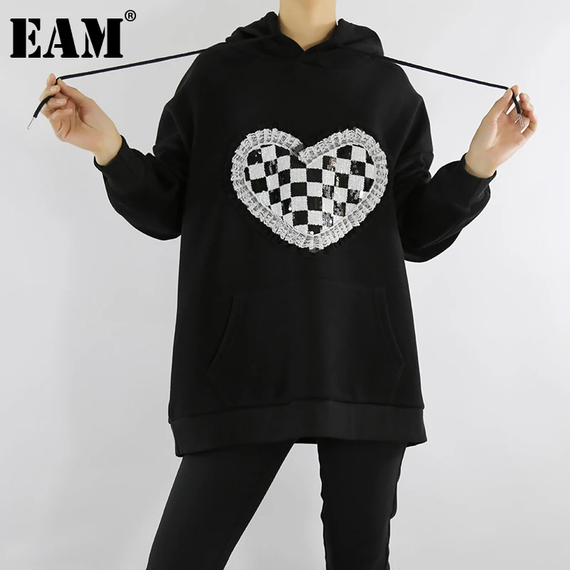 

[EAM] Свободная серая Повседневная Толстовка с блестками, новая Женская толстовка с капюшоном и длинным рукавом, большой размер, модная весен...