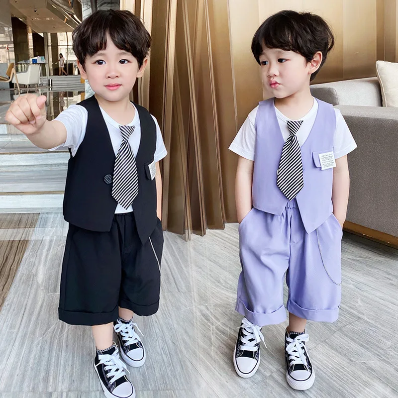 

2-8 Y Toddler Boys Clothing Sets Kids New Fashion Sleeveless Blazer Suits Korean V Neck Vest Loose Shorts Baby 2pcs Set for Boy