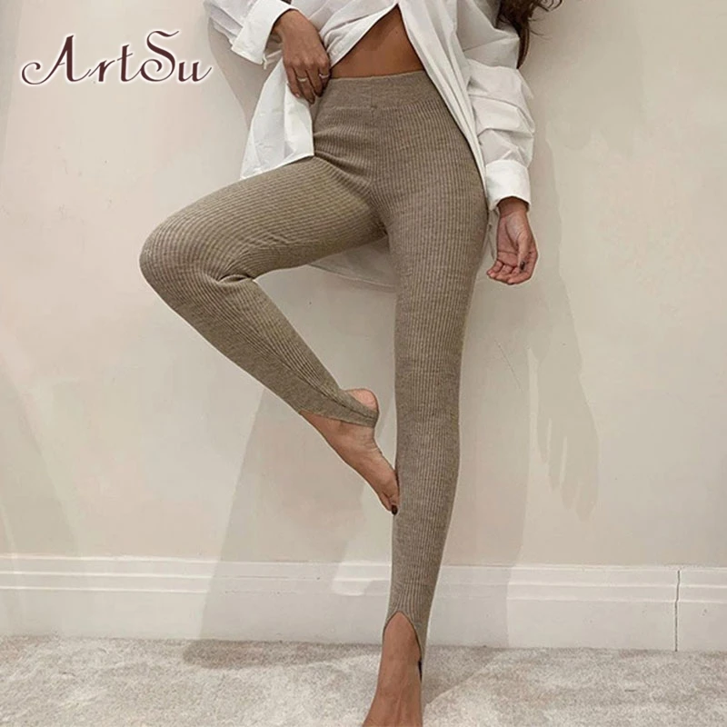 

ArtSu Fitness Leggins Women Clothes Elastic Knitted Sweatpants Winter Pants Streetwear Khaki High Waist Scrunch Leggings Bottoms