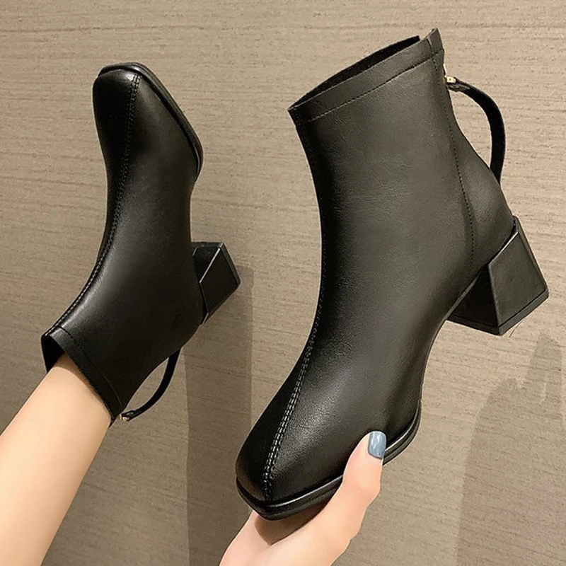 

2021 Autumn New Women's Nude Boots Shoes Square Toe Square Heel Warm Fur Boots Thick Heel Ladies Shoes Comfortable Casual Boots