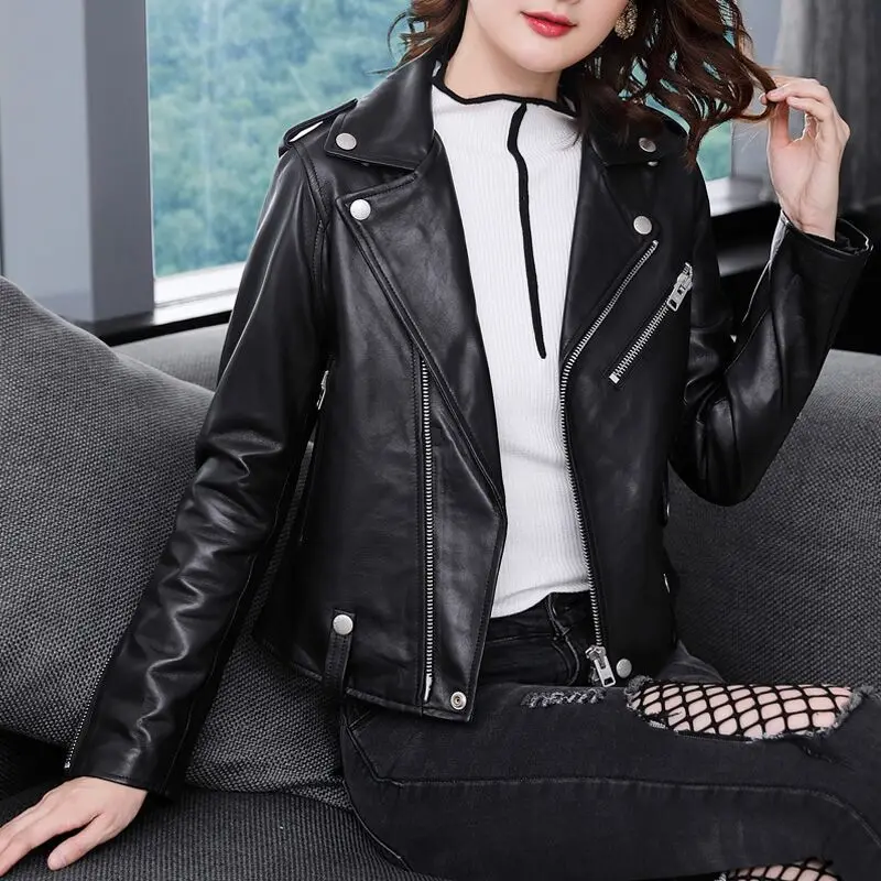 Женская кожаная куртка из натуральной овечьей кожи Корейская уличная одежда