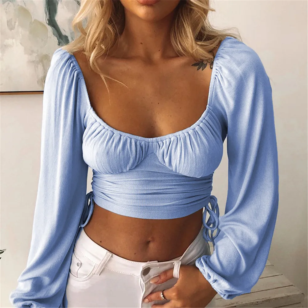 

Women Long Sleeve Irregular Drawstring Bandage Cropped Tops Autumn 2021 Sexy O-Neck Bodycon Knitted Solid T-Shirt