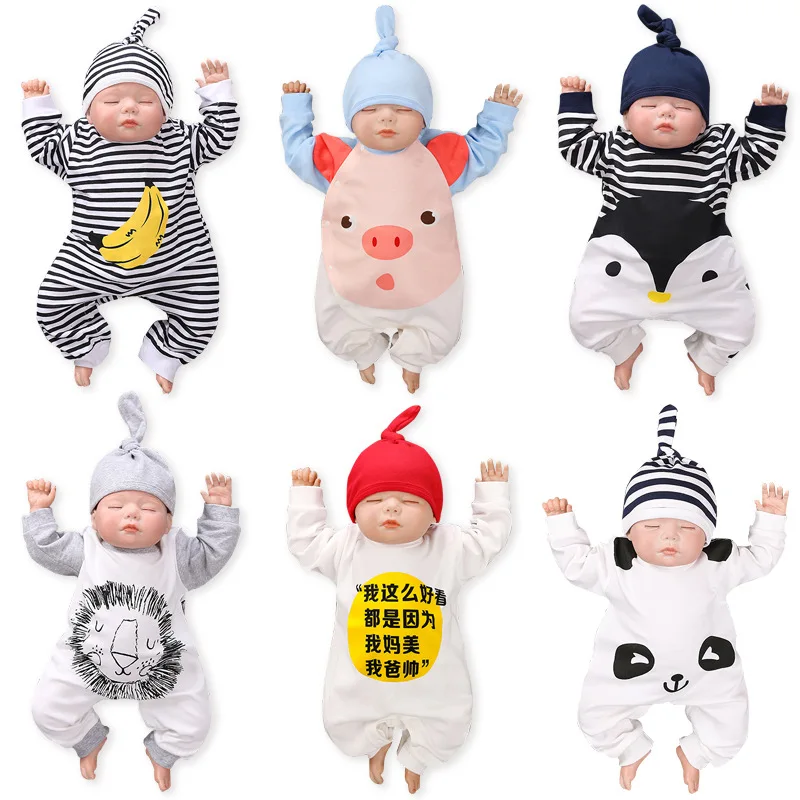 

With Hat Cartoon Spring Kids Crawling Suit Cotton Number Baby Jumpsuit Sleepsuit new born baby clothes baby costume 0-18 months