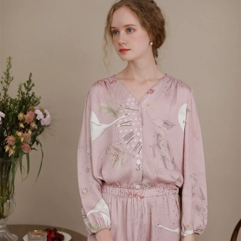 

Women's Long Sleeve Pajama Sets Fashion Soft Viscose Vintage Print V-Neck Sleepwear Spring Autumn Loose Casual Pajamas