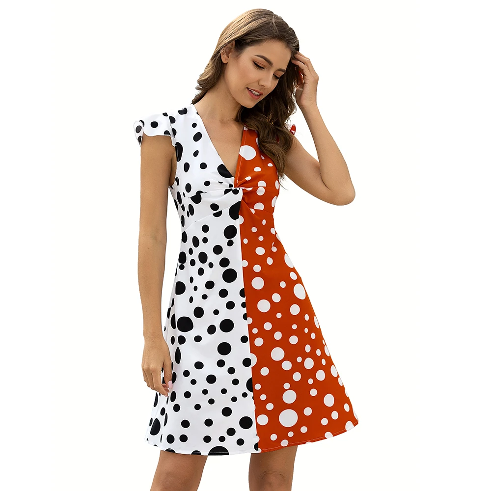 Женское Короткое платье в горошек с V образным вырезом и коротким рукавом|Женские
