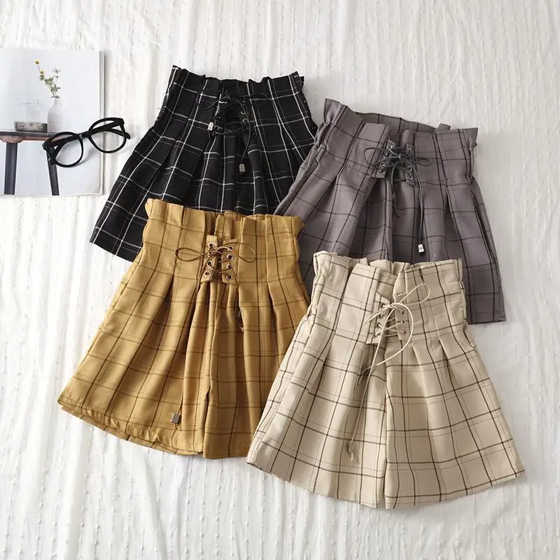 

Shorts Women's Summer High Waist Flower Bud Pants Lace-up Plaid Pants Loose Harajuku Hot Pants Y2k Met Woman Cloth Basic Zevity