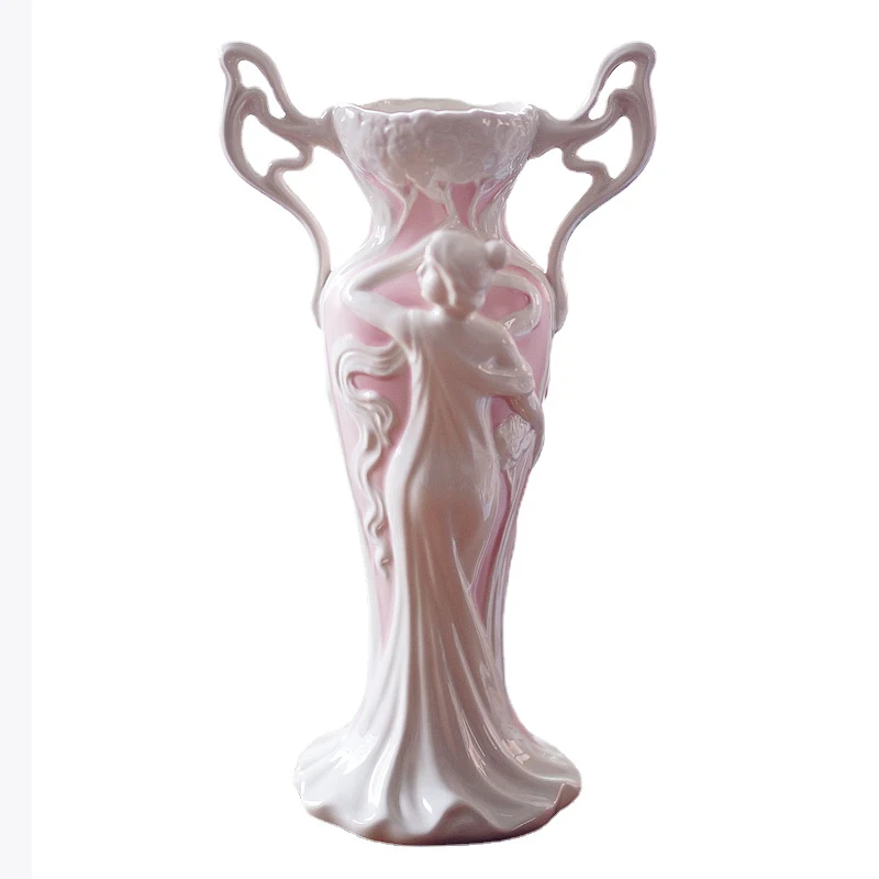 

Бинауральная рельефная керамическая ваза, розовая художественная ваза для танцевальной девушки, Гидропонные вазы, цветочная композиция, С...