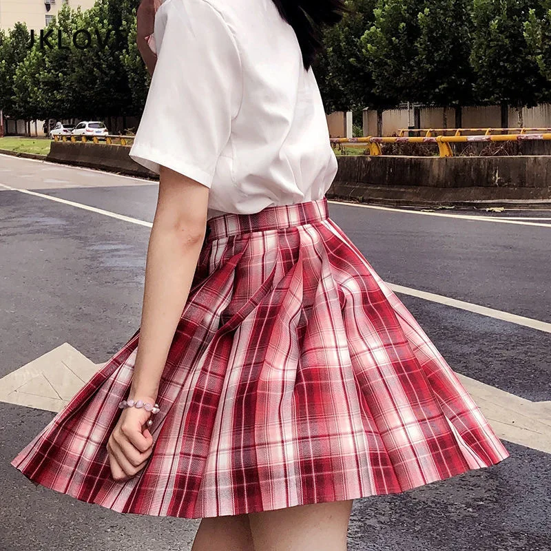 

Short Skirt High Waist Plaid Skirt A-line Uniform 2021 Sky Blue Pink Cheerleader Teen Ladies Skater Skirt Anime Sets Clothes