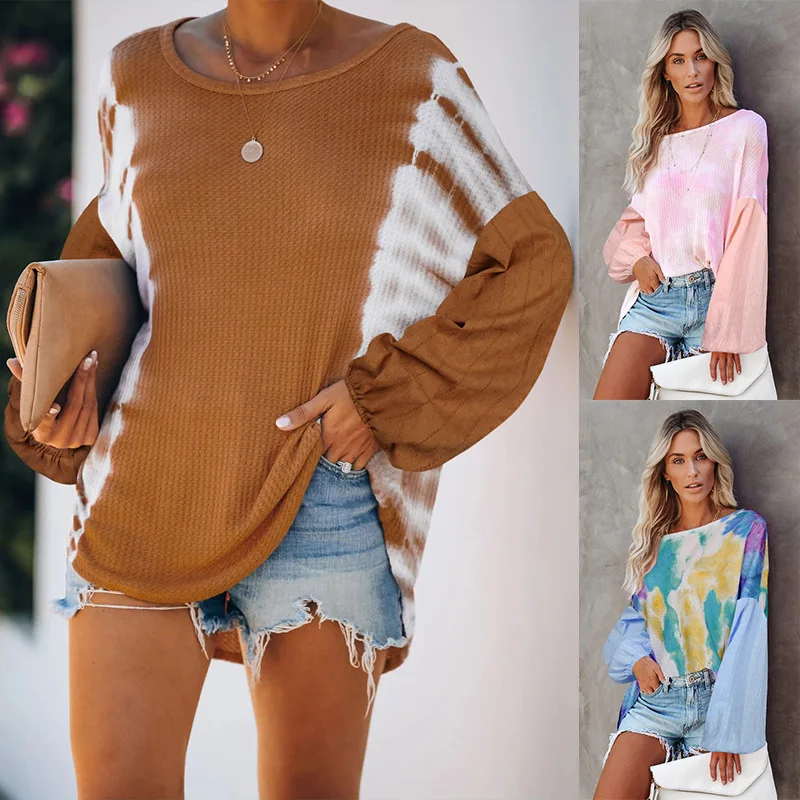 

New Autumn Winter Woman Tshirts Clothes Loose Tie-dye Round Neck Print Long Sleeved Tops Fashion Women's Fall Clothing 2020