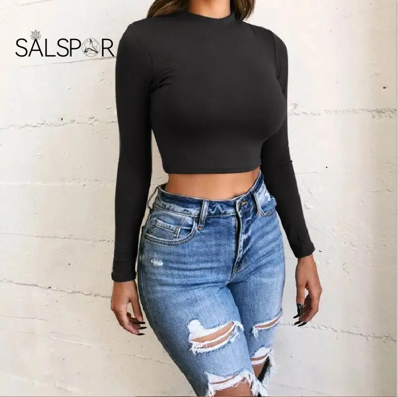 

SALSPOR пикантный женский короткий топ с длинным рукавом тонкая рубашка футболка женские черные топы с высокой талией модные женские блузки 2021...
