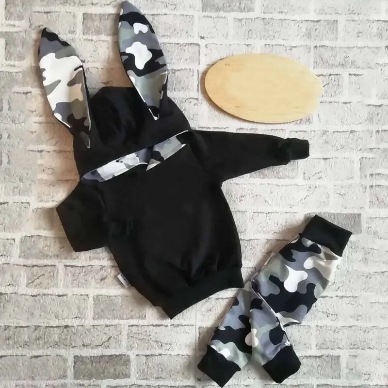 2PCS Bunny Ear Hooded Camo Pants Outfits Newborn Toddler Baby Girl Camouflage Clothes Hoodie Tops + Leggings Autumn Set | Детская одежда