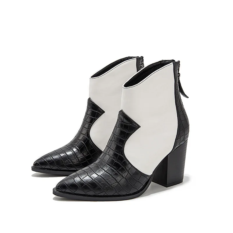 

Snake Color Matching Boots Women High Heel Fashion Pointed Toe Boots Shoes