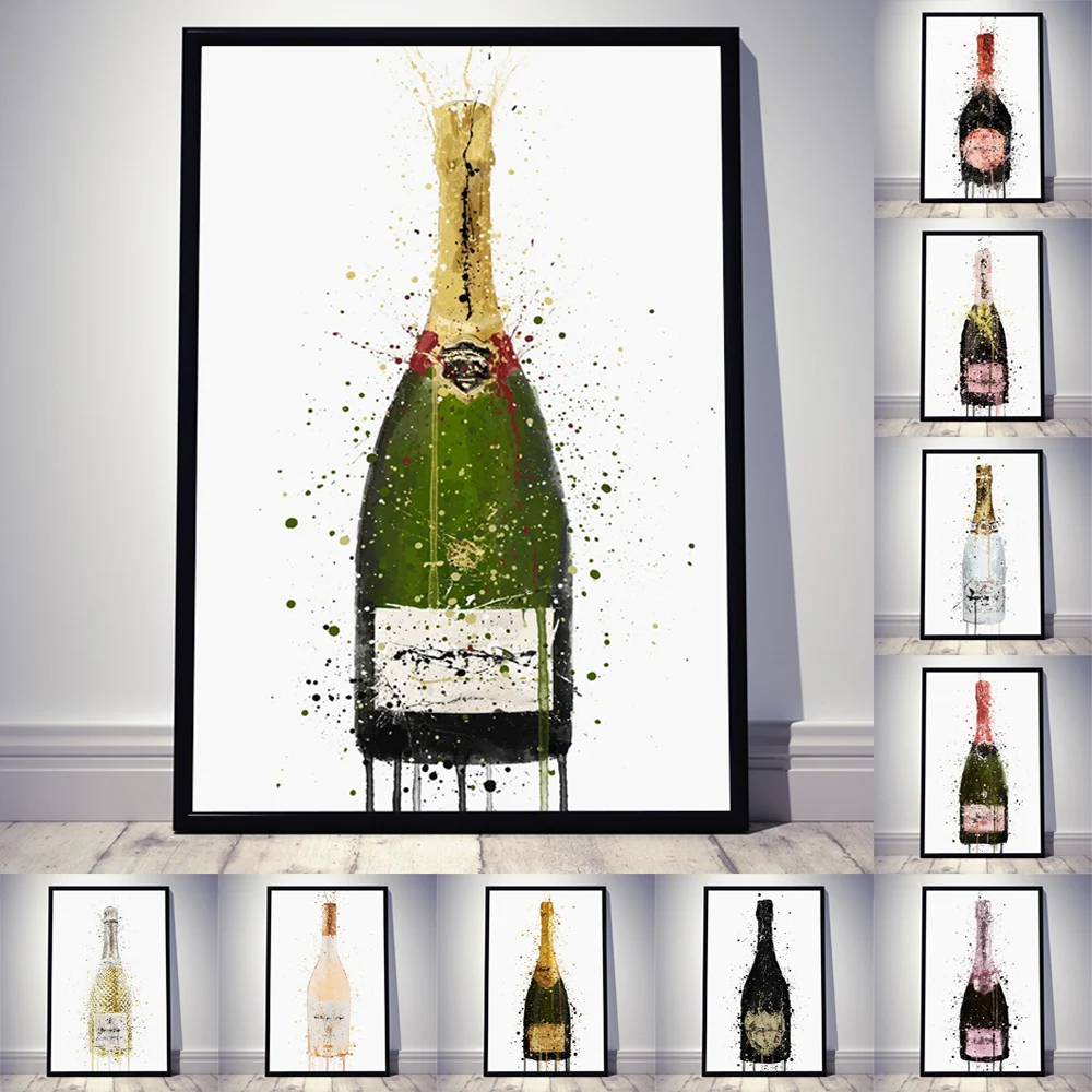 

Nordic fashion abstract art canvas painting champagne bottle color poster bar living room corridor home decoration mural