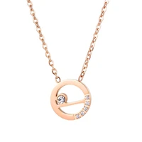 fashion women jewelry stainless steel cubic zirconia round pendant chain necklace for girl