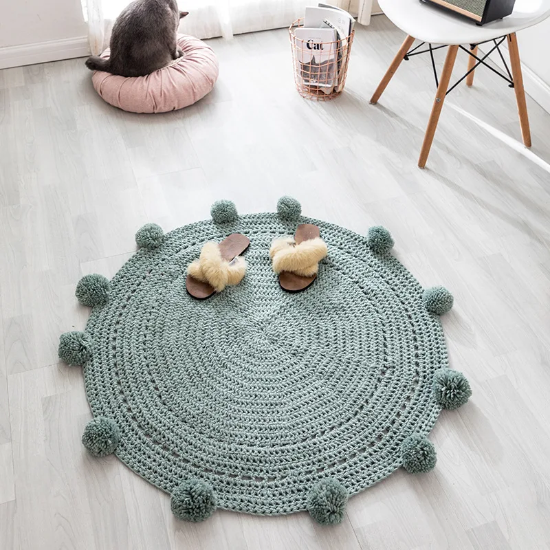 

Nordic handmade style ball carpet, wool woven round floor mat, bedroom bedside bay window cushion