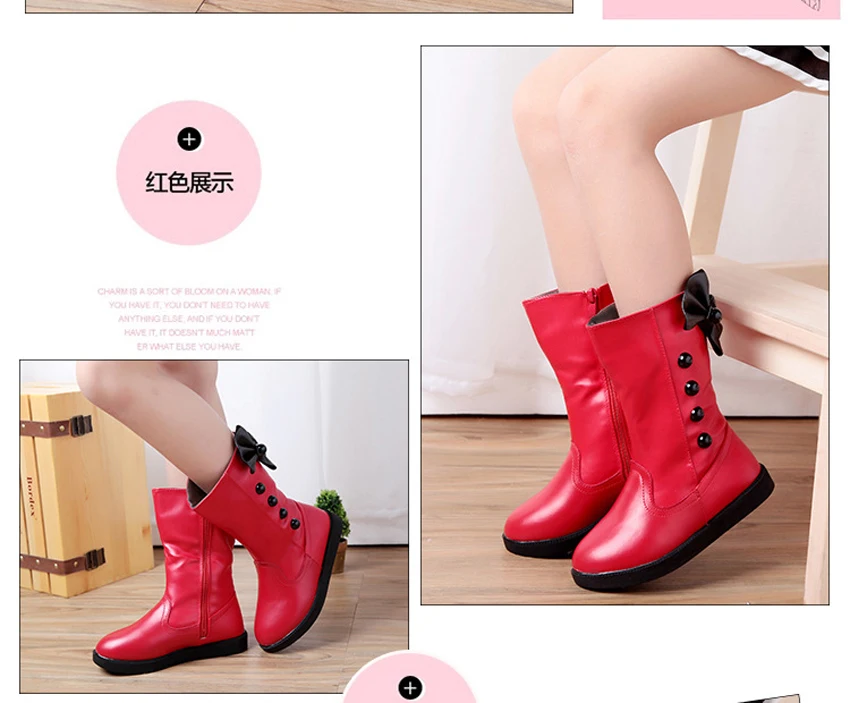 Girls Fashion Boots Autumn Winter Platforms PU Leather Mid-calf Princess Boots Butterfly-knot Ornament Toddler Kids Shoes
