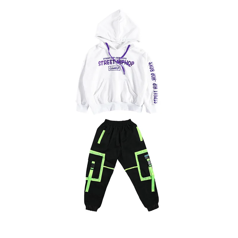 

Kid Cool Hip Hop Clothing White Hoodie Sweatshirt Top Tactical Cargo Pants for Girl Boy Jazz Dance Costumes Clothes Street Wear