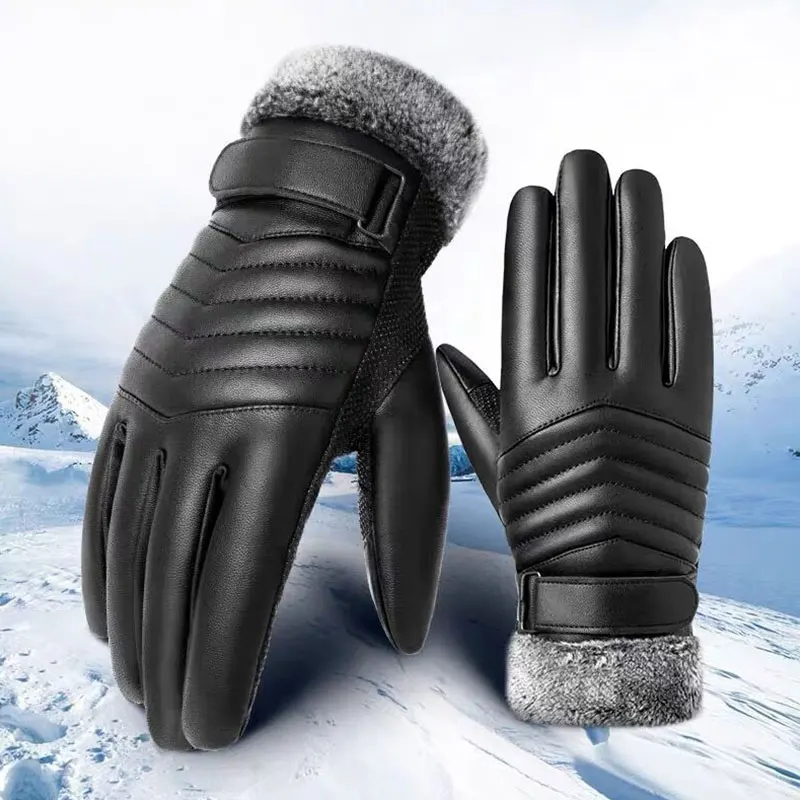 

Faux Leather Velvet Warmer Mittens Men Winter Tactical Gloves Touch Screen Lack Non-Slip Cycling Driving Windproof Gloves